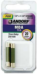 Jandorf 60708 Time Delay Fuse, 20 A, 250 V, 1500 A, 10 kA Interrupt, Ceramic Body