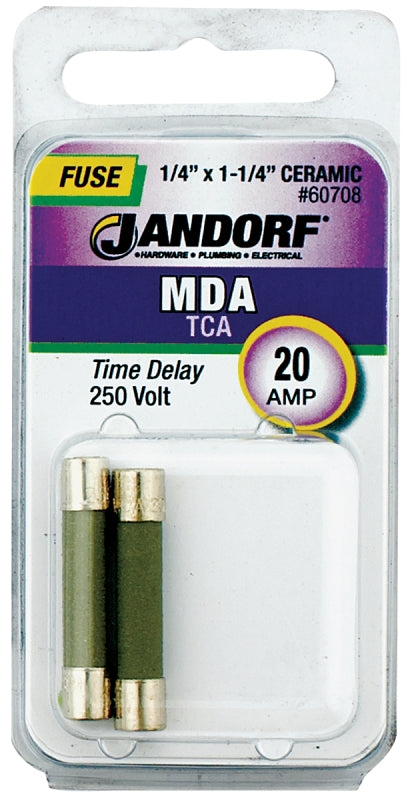 Jandorf 60708 Time Delay Fuse, 20 A, 250 V, 1500 A, 10 kA Interrupt, Ceramic Body