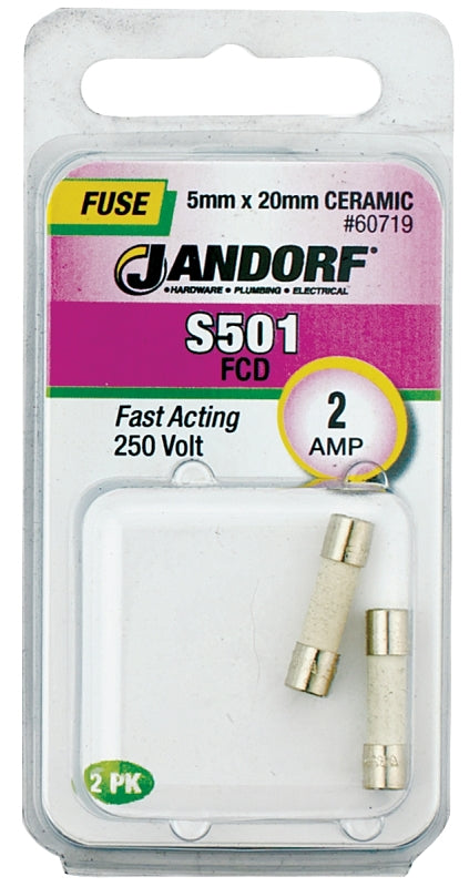 Jandorf 60719 Fast Acting Fuse, 0.07 Ohm, 2 A, 250 V, 1500 A Interrupt, Ceramic Body