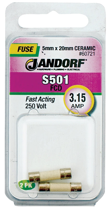 Jandorf 60721 Fast Acting Fuse, 0.03 Ohm, 3.15 A, 250 V, 1500 A Interrupt, Ceramic Body