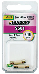 Jandorf 60721 Fast Acting Fuse, 0.03 Ohm, 3.15 A, 250 V, 1500 A Interrupt, Ceramic Body