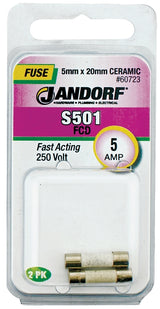 Jandorf 60723 Fast Acting Fuse, 0.01 Ohm, 5 A, 250 V, 1500 A Interrupt, Ceramic Body