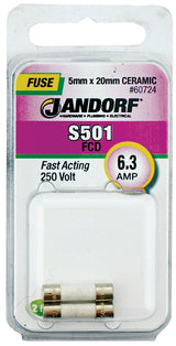 Jandorf 60724 Fast Acting Fuse, 0.01 Ohm, 6.3 A, 250 V, 1500 A Interrupt, Ceramic Body, 5 mm Dia