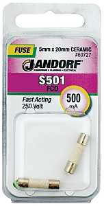 Jandorf 60727 Fast Acting Fuse, 0.46 Ohm, 500 mA, 250 V, 1500 A Interrupt, Ceramic Body, 5 mm Dia
