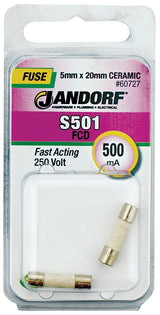 Jandorf 60727 Fast Acting Fuse, 0.46 Ohm, 500 mA, 250 V, 1500 A Interrupt, Ceramic Body, 5 mm Dia