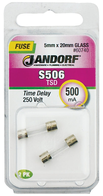 Jandorf 60740 Series Time Delay Fuse, 0.007 Ohm, 500 mA, 250 V, 35 A Interrupt, Glass Body