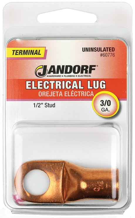 Jandorf 60776 Electrical Lug, 3/0 AWG Wire, 1/2 in Stud, Copper Contact, Brown