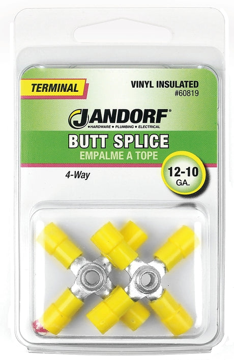 Jandorf 60819 Butt Splice Connector, 12 to 10 AWG Wire, Vinyl Insulation, Copper Contact, Yellow, 2/PK