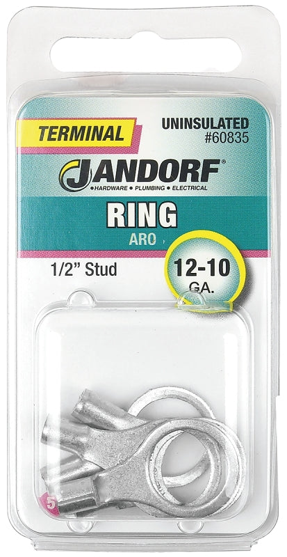 Jandorf 60835 Ring Terminal, 12 to 10 AWG Wire, 1/2 in Stud, Copper Contact