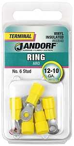 Jandorf 60840 Ring Terminal, 12 to 10 AWG Wire, #6 Stud, Vinyl Insulation, Copper Contact, Yellow