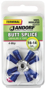 Jandorf 60859 Butt Splice Connector, 16 to 14 AWG Wire, Vinyl Insulation, Copper Contact, Blue, 2/PK