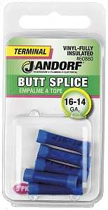Jandorf 60860 Butt Splice Connector, 16 to 14 AWG Wire, Vinyl Insulation, Copper Contact, Blue, 5/PK