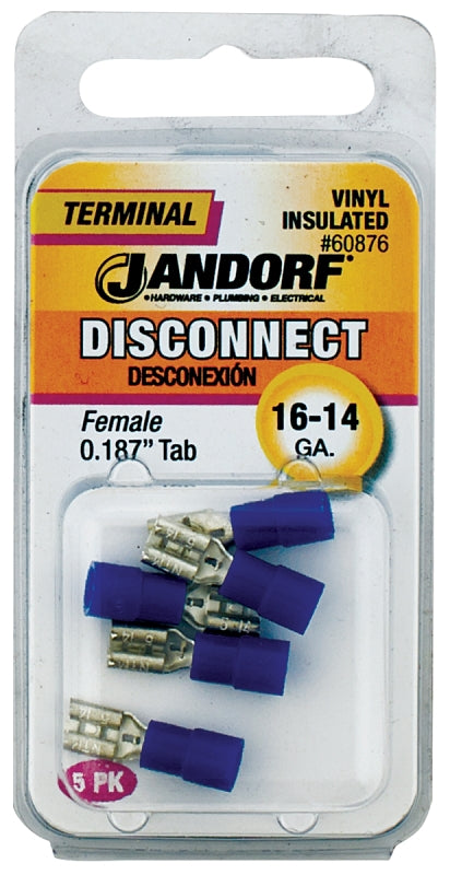 Jandorf 60876 Disconnect Terminal, 16 to 14 AWG Wire, Vinyl Insulation, Copper Contact, Tin, 5/PK