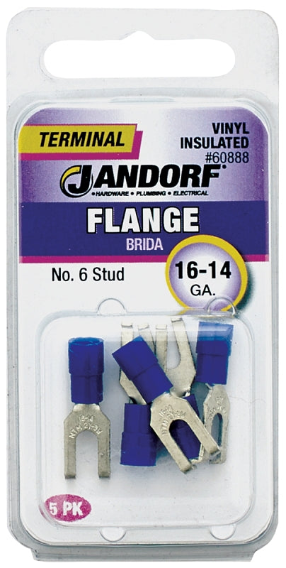 Jandorf 60888 Spade Terminal, 16 to 14 AWG Wire, #6 Stud, Vinyl Insulation, Copper Contact, Blue