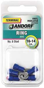 Jandorf 60906 Ring Terminal, 16 to 14 AWG Wire, #8 Stud, Vinyl Insulation, Copper Contact, Blue