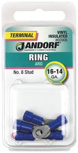 Jandorf 60906 Ring Terminal, 16 to 14 AWG Wire, #8 Stud, Vinyl Insulation, Copper Contact, Blue
