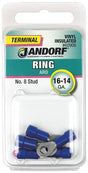Jandorf 60906 Ring Terminal, 16 to 14 AWG Wire, #8 Stud, Vinyl Insulation, Copper Contact, Blue