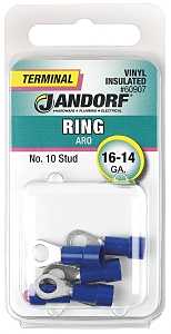 Jandorf 60907 Ring Terminal, 16 to 14 AWG Wire, #10 Stud, Vinyl Insulation, Copper Contact, Blue