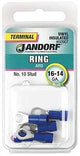 Jandorf 60907 Ring Terminal, 16 to 14 AWG Wire, #10 Stud, Vinyl Insulation, Copper Contact, Blue
