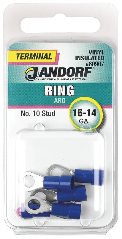 Jandorf 60907 Ring Terminal, 16 to 14 AWG Wire, #10 Stud, Vinyl Insulation, Copper Contact, Blue