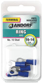 Jandorf 60907 Ring Terminal, 16 to 14 AWG Wire, #10 Stud, Vinyl Insulation, Copper Contact, Blue