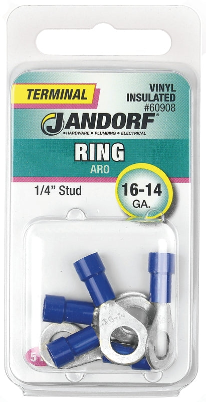 Jandorf 60908 Ring Terminal, 16 to 14 AWG Wire, 1/4 in Stud, Vinyl Insulation, Copper Contact, Blue