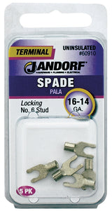 Jandorf 60910 Spade Terminal, 600 V, 16 to 14 AWG Wire, #6 Stud, Copper Contact, Tin, 5/PK