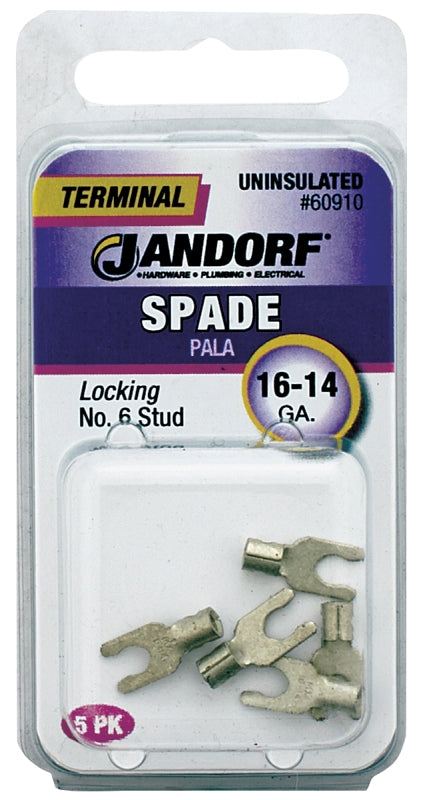 Jandorf 60910 Spade Terminal, 600 V, 16 to 14 AWG Wire, #6 Stud, Copper Contact, Tin, 5/PK