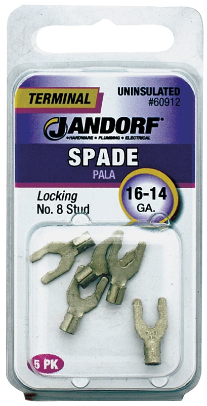 Jandorf 60912 Spade Terminal, 600 V, 16 to 14 AWG Wire, #8 Stud, Copper Contact, Tin, 5/PK