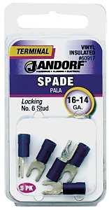 Jandorf 60917 Spade Terminal, 600 V, 16 to 14 AWG Wire, #6 Stud, Vinyl Insulation, Copper Contact, Blue, Tin, 5/PK