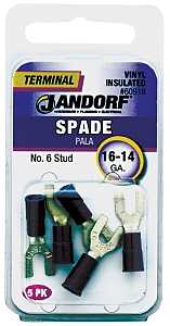 Jandorf 60918 Spade Terminal, 600 V, 16 to 14 AWG Wire, #6 Stud, Vinyl Insulation, Copper Contact, Blue, 5/PK
