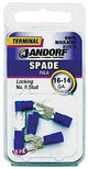 Jandorf 60919 Spade Terminal, 600 V, 16 to 14 AWG Wire, #8 Stud, Vinyl Insulation, Copper Contact, Blue, Tin, 5/PK