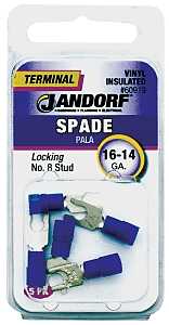 Jandorf 60919 Spade Terminal, 600 V, 16 to 14 AWG Wire, #8 Stud, Vinyl Insulation, Copper Contact, Blue, Tin, 5/PK