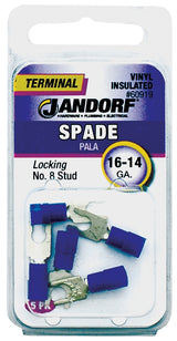 Jandorf 60919 Spade Terminal, 600 V, 16 to 14 AWG Wire, #8 Stud, Vinyl Insulation, Copper Contact, Blue, Tin, 5/PK