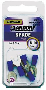 Jandorf 60920 Spade Terminal, 600 V, 16 to 14 AWG Wire, #8 Stud, Vinyl Insulation, Copper Contact, Blue, 5/PK