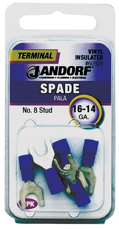 Jandorf 60920 Spade Terminal, 600 V, 16 to 14 AWG Wire, #8 Stud, Vinyl Insulation, Copper Contact, Blue, 5/PK