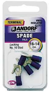 Jandorf 60921 Spade Terminal, 600 V, 16 to 14 AWG Wire, #10 Stud, Vinyl Insulation, Copper Contact, Tin, Blue, 5/PK