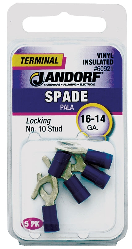 Jandorf 60921 Spade Terminal, 600 V, 16 to 14 AWG Wire, #10 Stud, Vinyl Insulation, Copper Contact, Tin, Blue, 5/PK