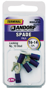 Jandorf 60921 Spade Terminal, 600 V, 16 to 14 AWG Wire, #10 Stud, Vinyl Insulation, Copper Contact, Tin, Blue, 5/PK