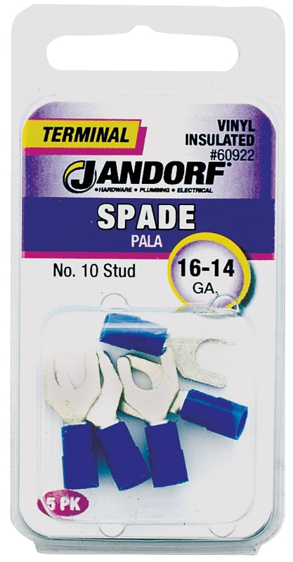 Jandorf 60922 Spade Terminal, 600 V, 16 to 14 AWG Wire, #10 Stud, Vinyl Insulation, Copper Contact, Blue, 5/PK