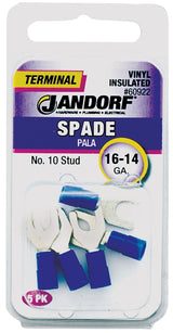 Jandorf 60922 Spade Terminal, 600 V, 16 to 14 AWG Wire, #10 Stud, Vinyl Insulation, Copper Contact, Blue, 5/PK