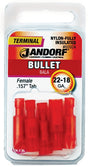 Jandorf 60924 Bullet Terminal, 600 V, 22 to 18 AWG Wire, Nylon Insulation, Copper Contact, Red, Tin, 5/PK