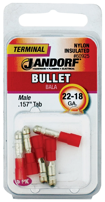 Jandorf 60925 Bullet Terminal, 600 V, 22 to 18 AWG Wire, Nylon Insulation, Copper Contact, Red, 5/PK