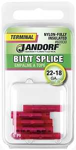 Jandorf 60930 Butt Splice Connector, 22 to 18 AWG Wire, Nylon Insulation, Copper Contact, Red