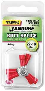 Jandorf 60932 Butt Splice Connector, 22 to 18 AWG Wire, Vinyl Insulation, Copper Contact, Tin, Red, 2/PK