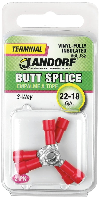 Jandorf 60932 Butt Splice Connector, 22 to 18 AWG Wire, Vinyl Insulation, Copper Contact, Tin, Red, 2/PK