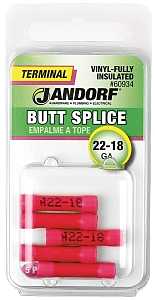Jandorf 60934 Butt Splice Connector, 22 to 18 AWG Wire, Vinyl Insulation, Copper Contact, Red, 5/PK