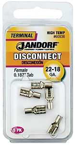 Jandorf 60936 Disconnect Terminal, 22 to 18 AWG Wire, Nickel, 5/PK