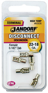 Jandorf 60936 Disconnect Terminal, 22 to 18 AWG Wire, Nickel, 5/PK