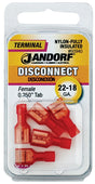 Jandorf 60940 Disconnect Terminal, 22 to 18 AWG Wire, Nylon Insulation, Copper Contact, Red